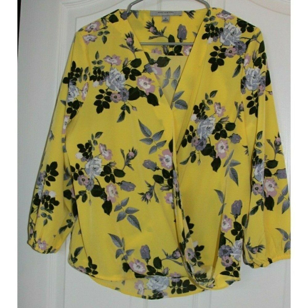 Andrew Marc New York A Blouse Wrap Floral Yellow Purple 3/4 Sleeve Womens M
